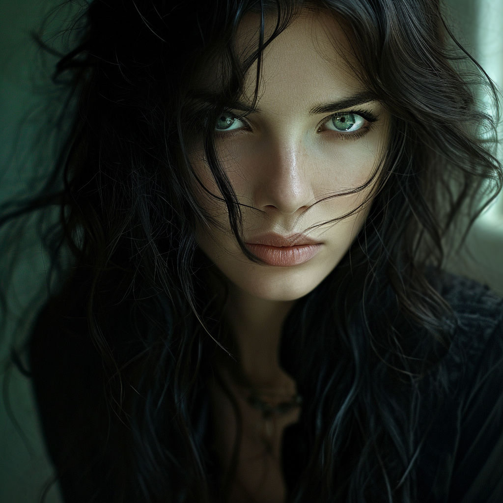 Woman with dark hair and green eyes