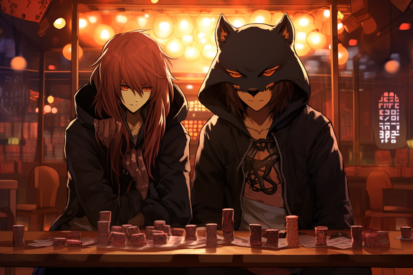 Dark-haired anime demon and red-haired fox girl in the casino