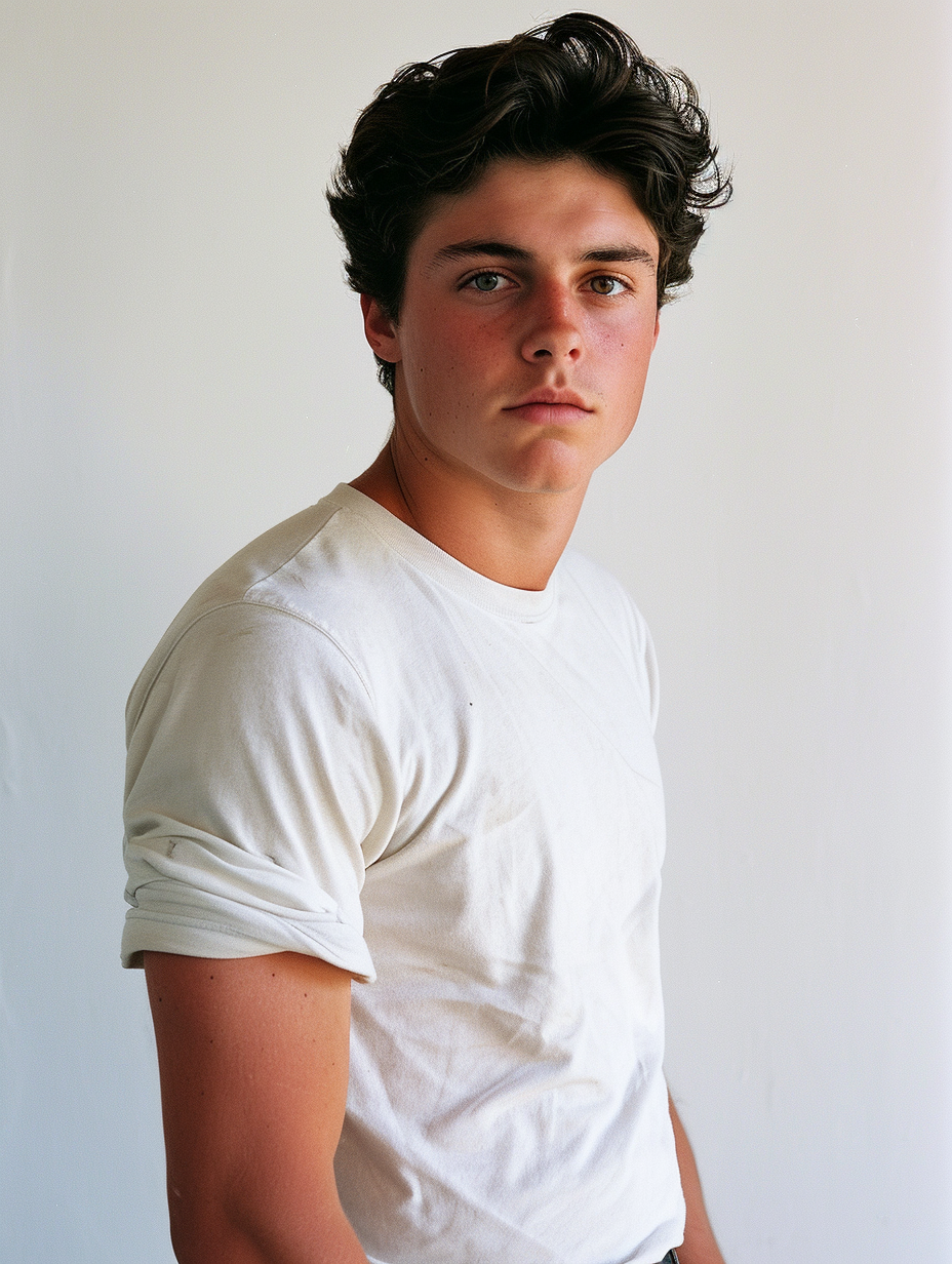 Dark-haired Tanned Man White T-Shirt Full-Length Portrait