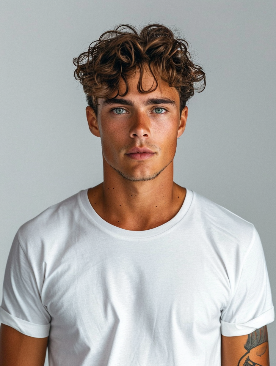 Dark-haired tanned man in white T-shirt