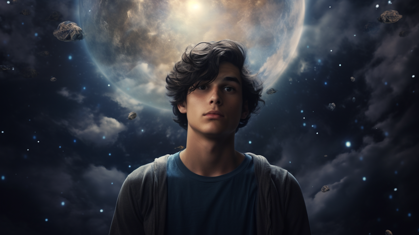 Dark-Haired Teenage Boy in Surreal Galaxy Scene