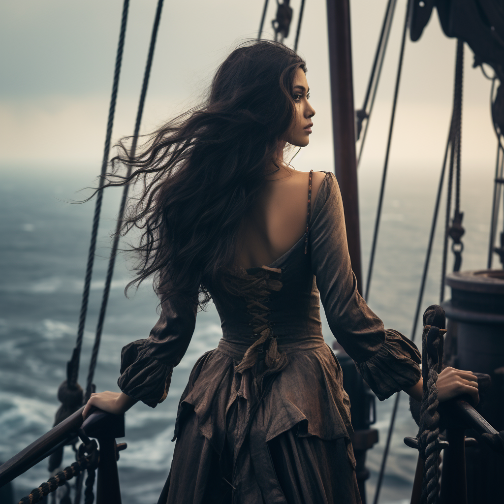 Beautiful woman on ship deck with eerie ocean background