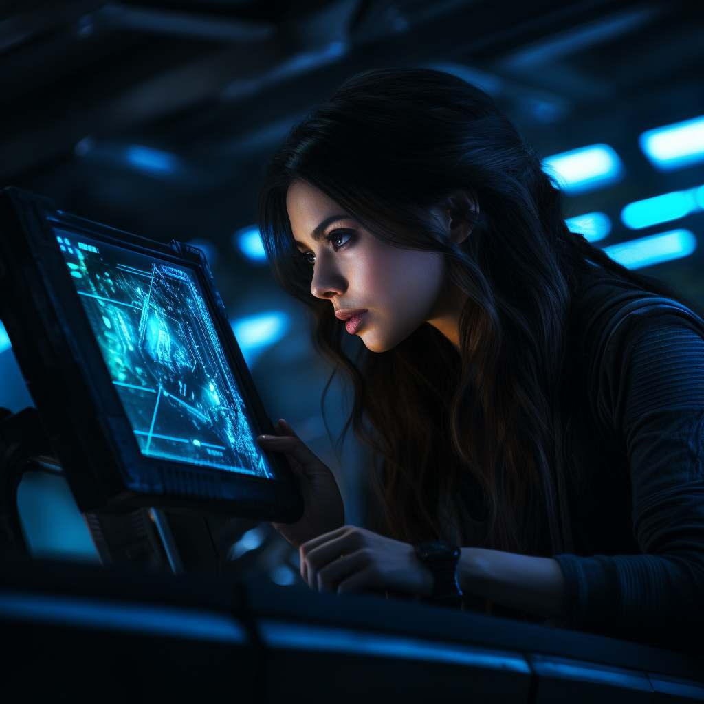 Mysterious woman on high-tech ship with static on screen