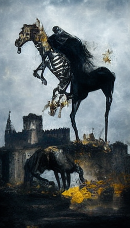 Dark hooded figure on skeleton horse rearing