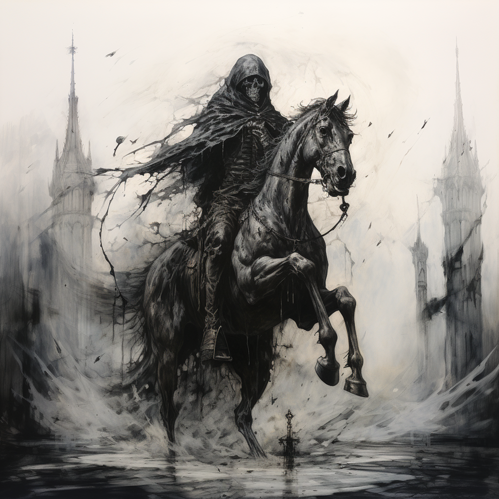 Sinister dark figure on skeletal horse