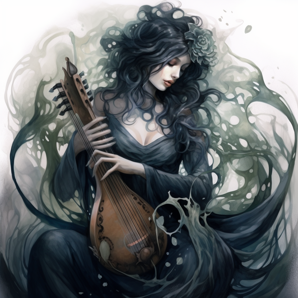 Enchanting dark magical lyre watercolor art