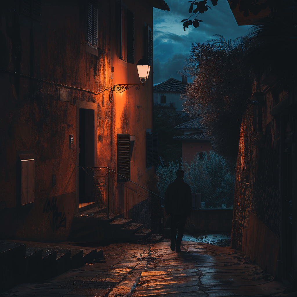 Dark man walking small street