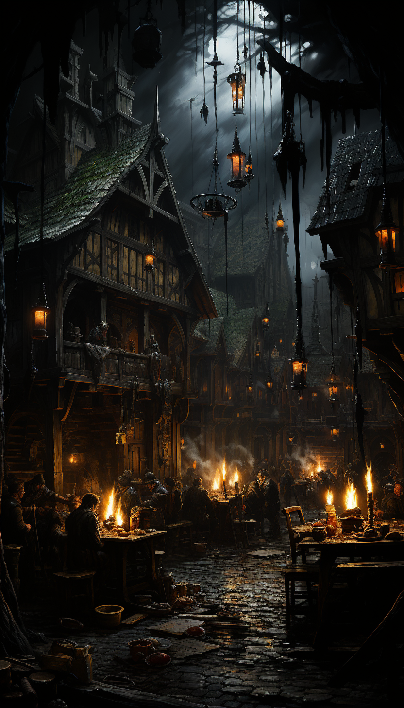 Mourners in Dark Medieval Tavern