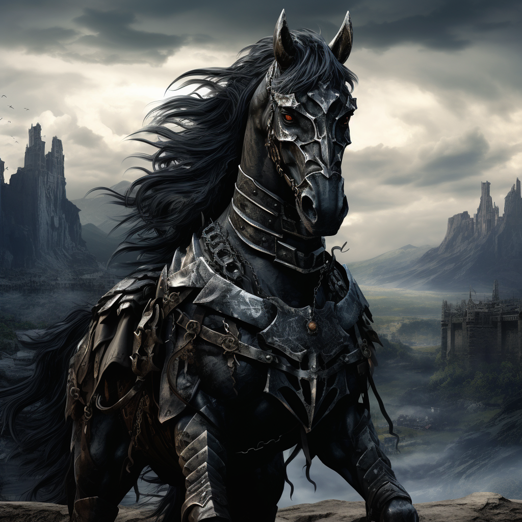 Dark medieval warhorse standing alone