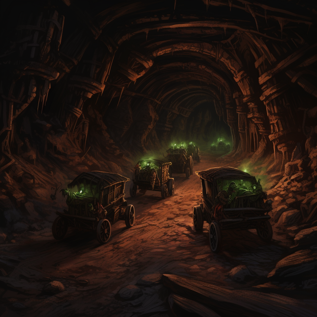 Goblins pushing wooden carts in a dark mining tunnel