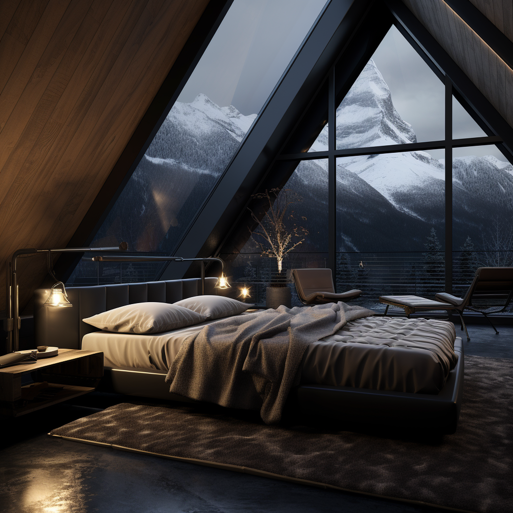 Dark modern mansion snowy mountain bedroom