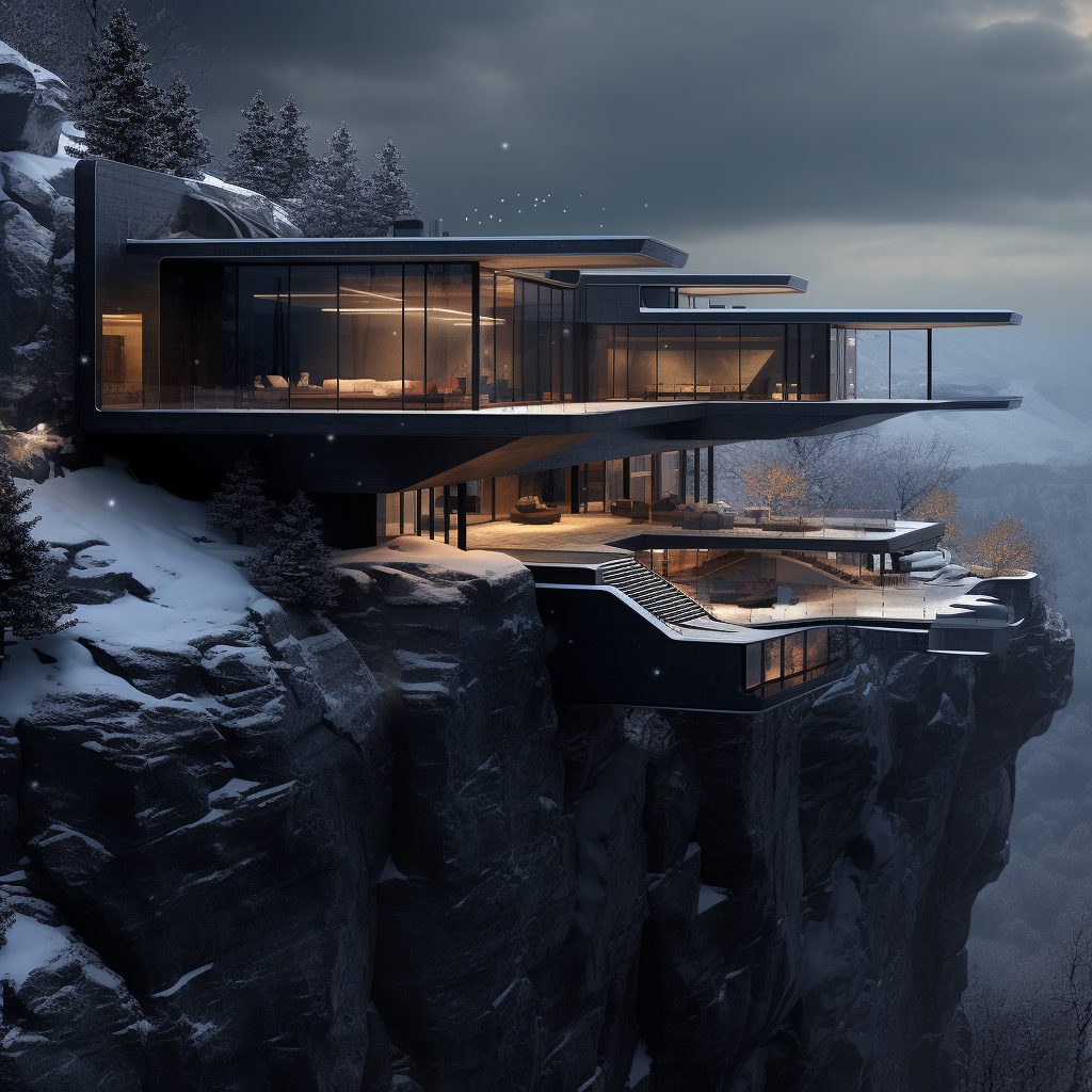 Dark modern mansion on snowy rock mountain