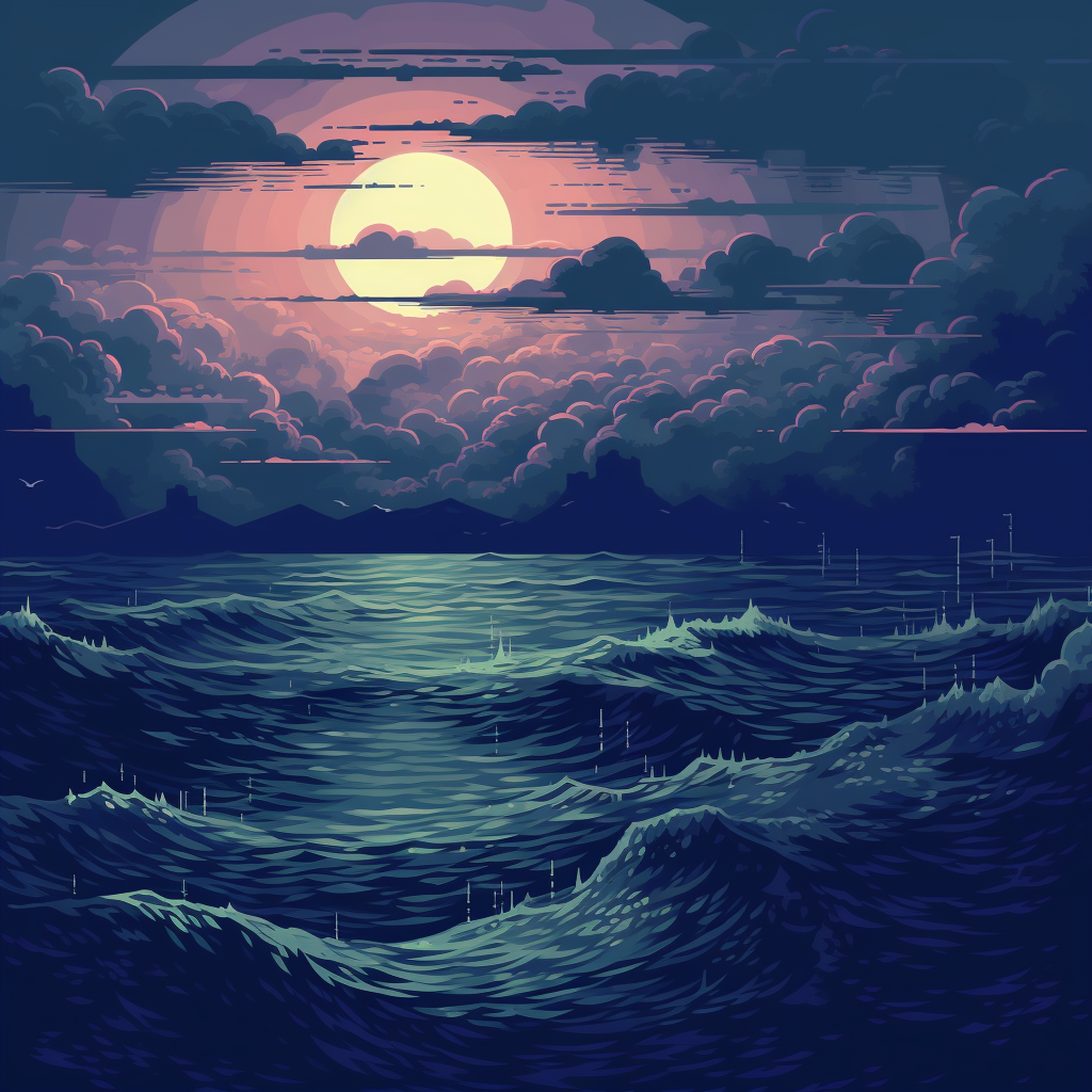 Stunning pixel art representation of a dark muted ocean