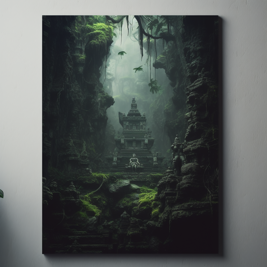 Cave with Balinese Stone Carvings in Foggy Forest