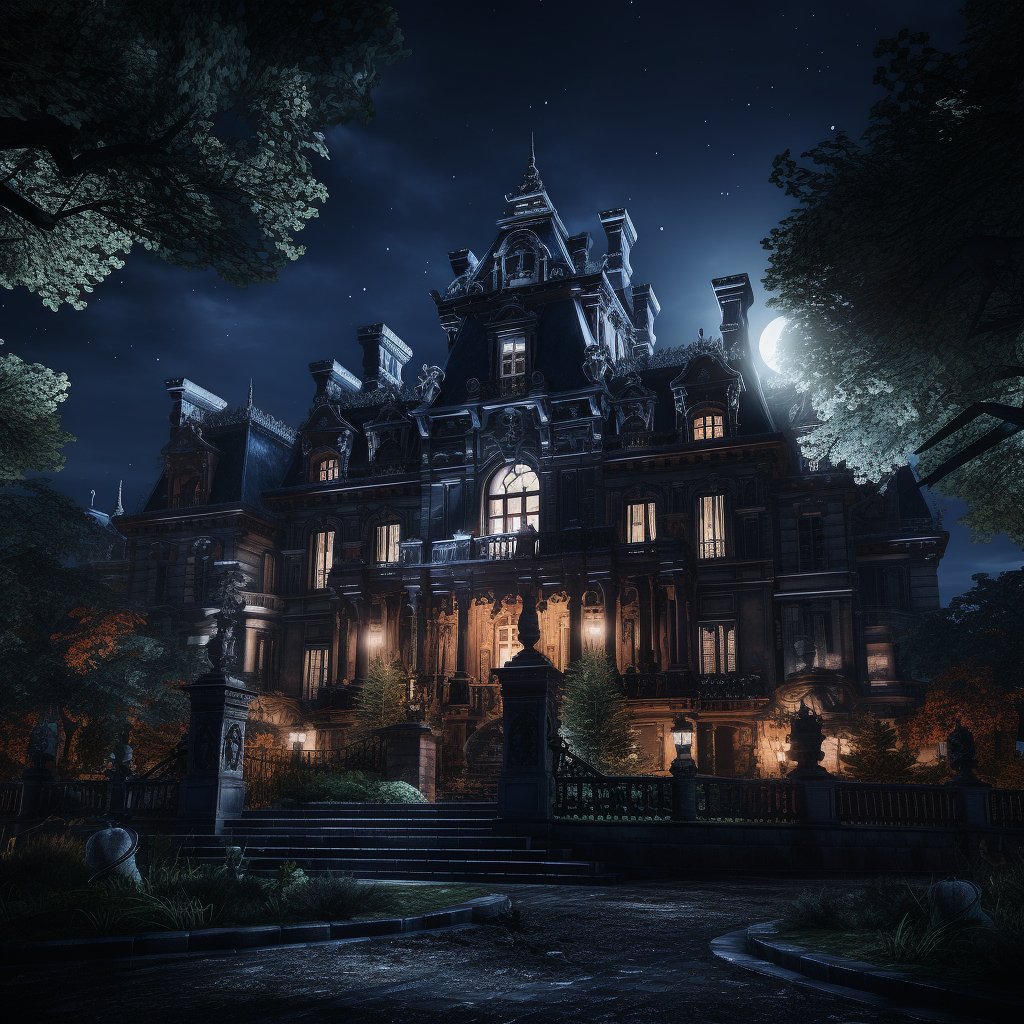 Gothic-inspired black mansion at night