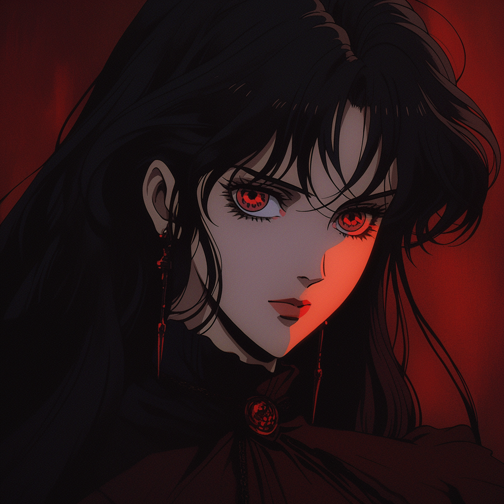 Dark Fantasy Anime Woman with Red Vampiric Eyes