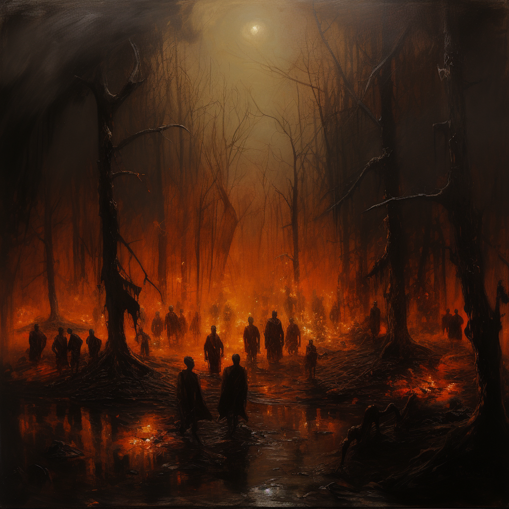 Dark oil painting of cult in forest