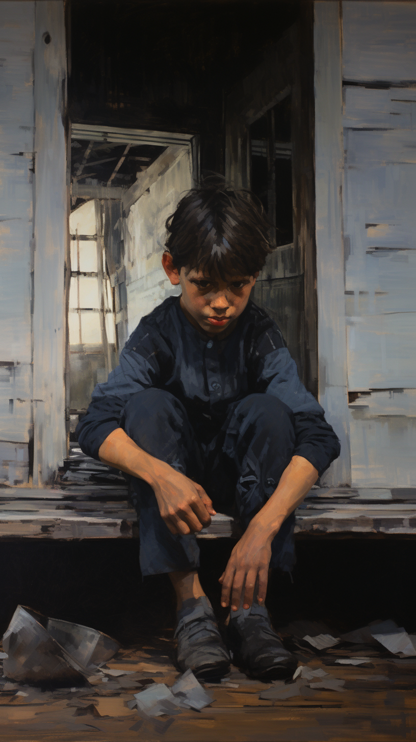 Sad young boy with tears in a dark oil painting