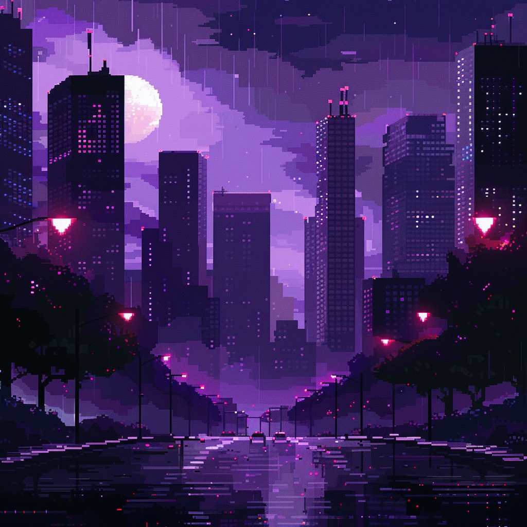 Pixel art of dark purple city