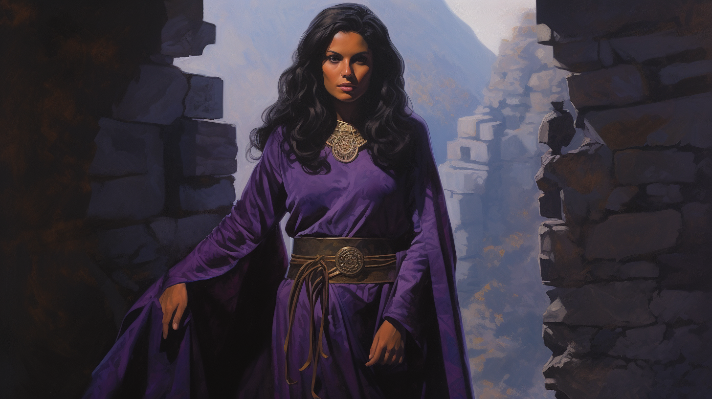 Sorceress with dark hair in front of stone wall