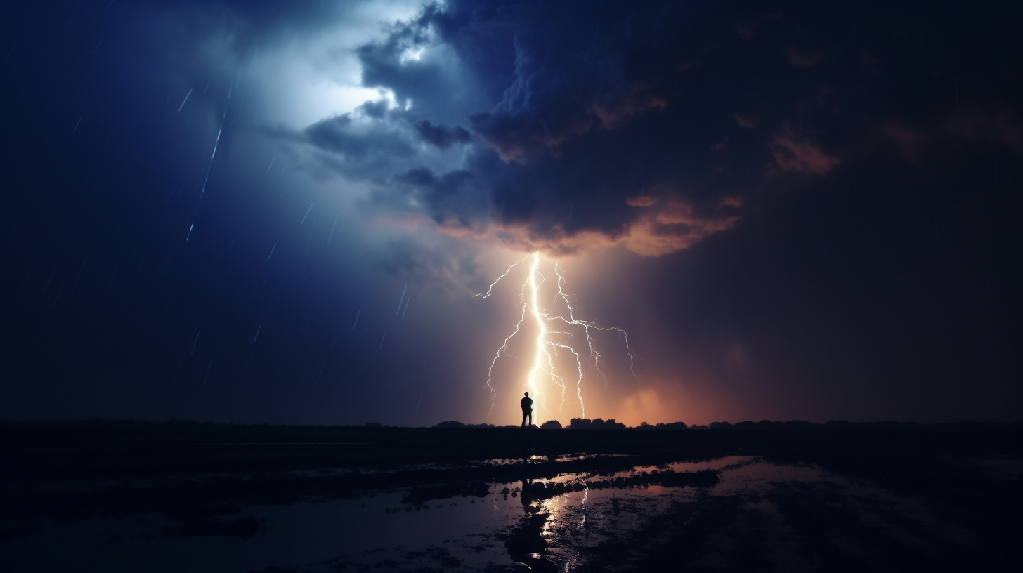 Dark Rainy Night Lightning Strike Silhouette Man