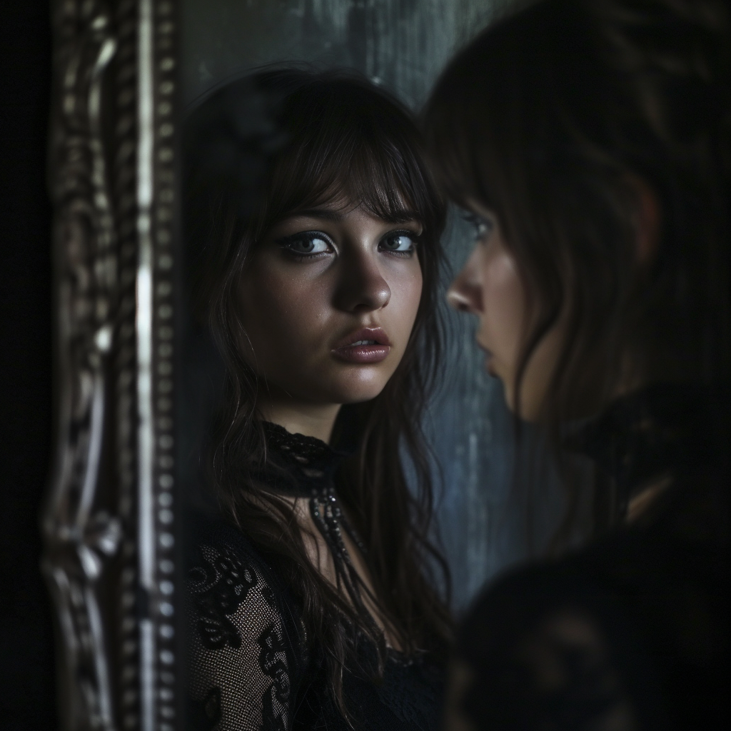 Young woman looking in mirror surreal