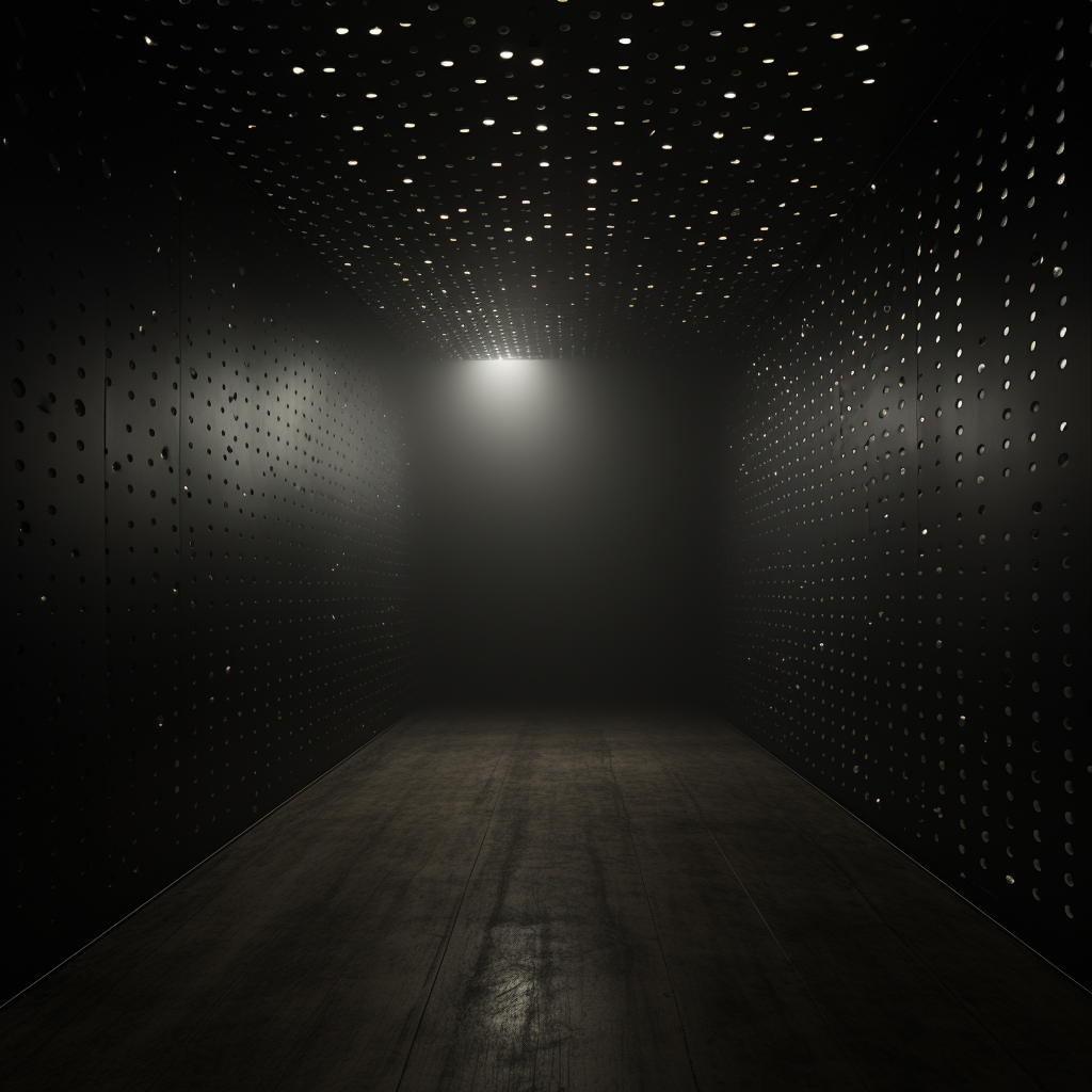 Illuminated pinholes in a dark metal room