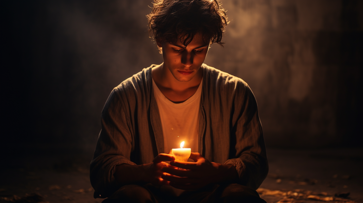 Young man praying with fiery passion