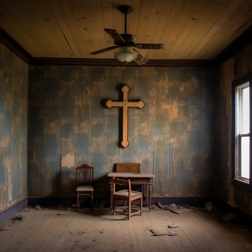 Empty room with torn wallpaper and framed picture