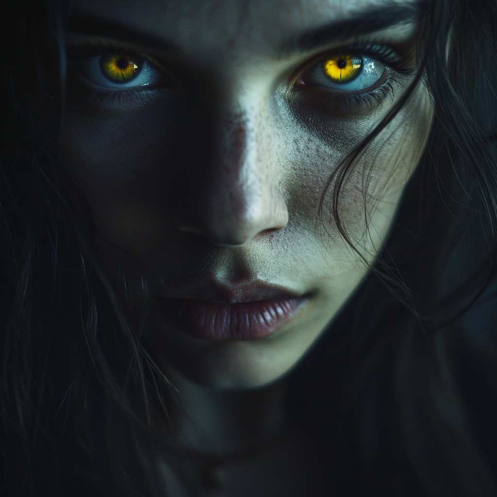 Woman with Yellow Eyes in Dark School