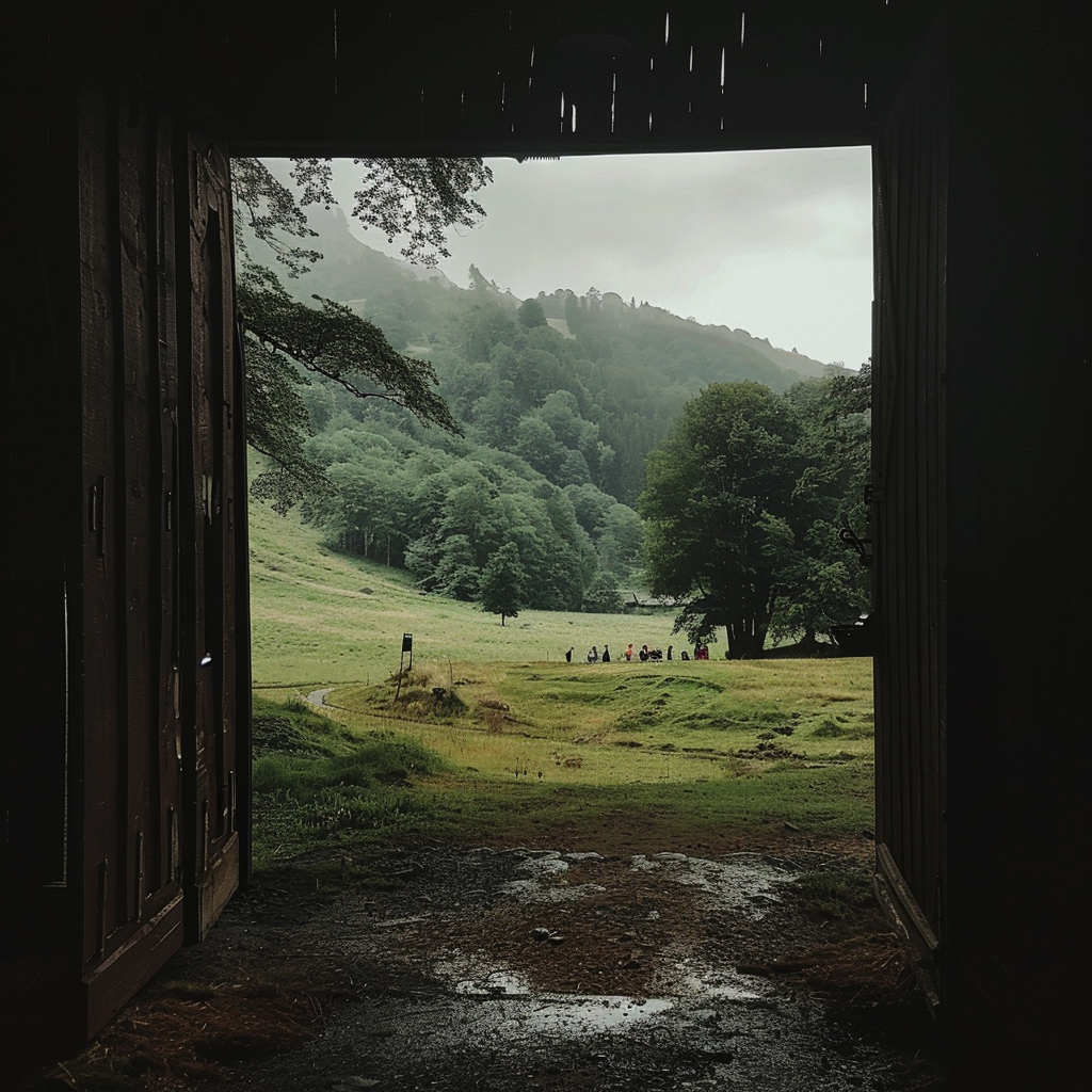 Dark shed overlooking crowded green hill