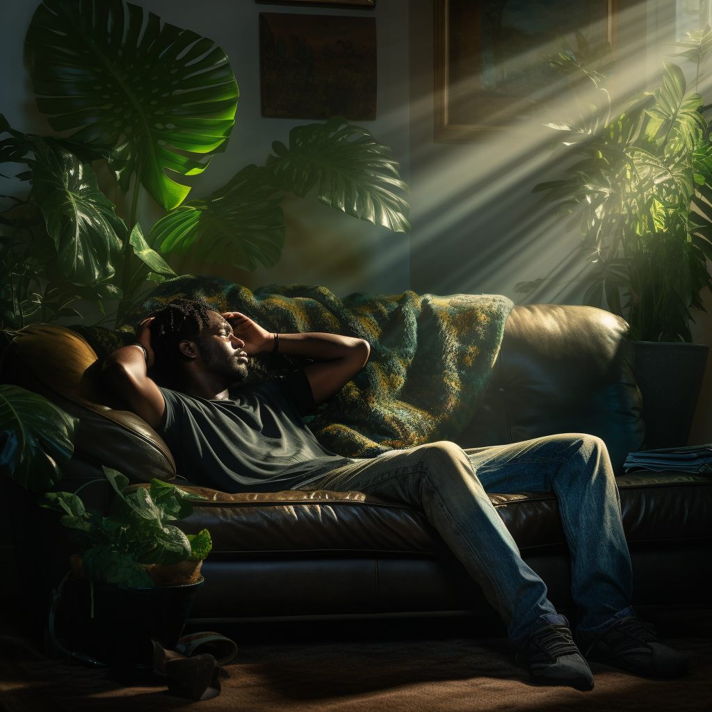 Depressive Dark-Skinned Man on Green Sofa