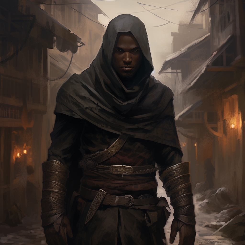 Dark-skinned rogue assassin in Sigil's streets