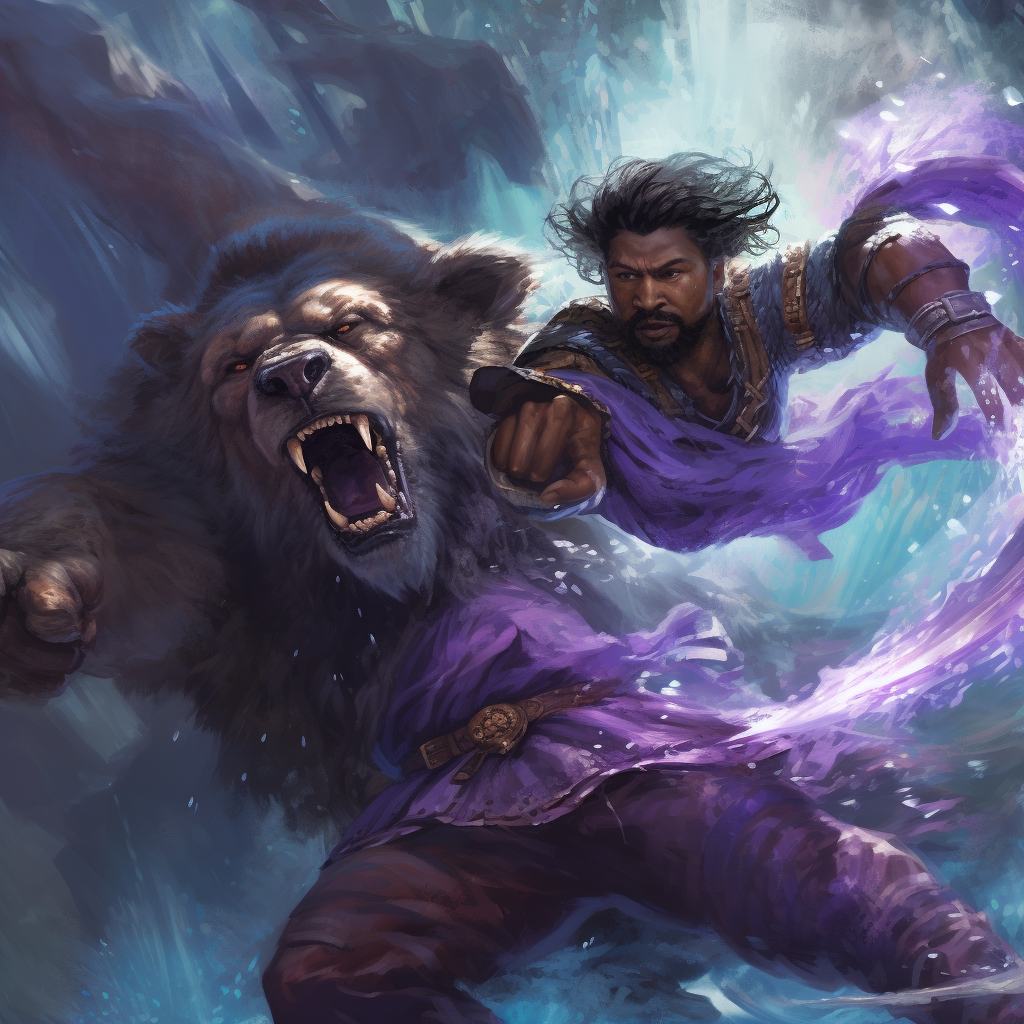 Dark-skinned swordsman with purple bear spirit