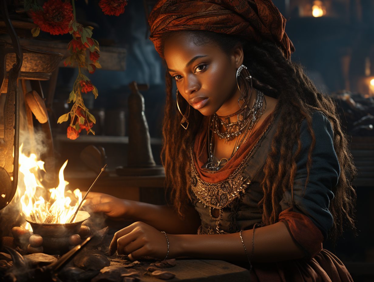 Realistic dark-skinned witch making potions at hearth