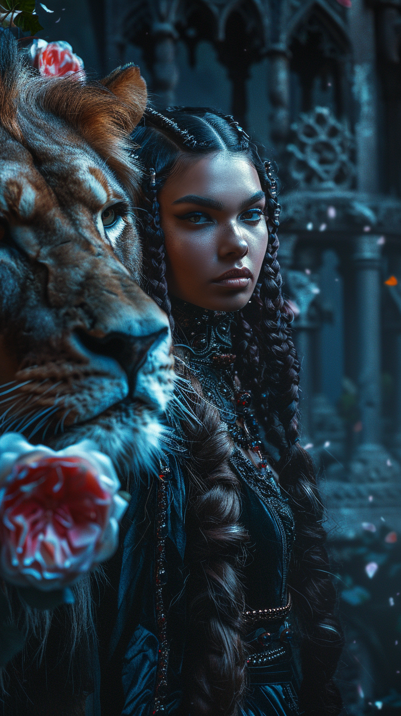 Beautiful woman supervillain fantasy lion