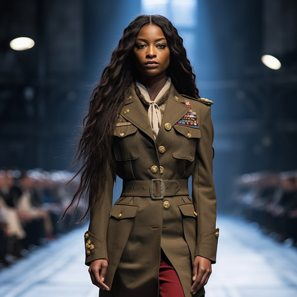 Dark-skinned woman in military uniform with long hair