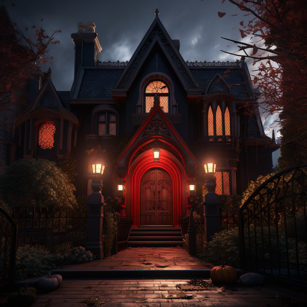 Dark small neo gothic house with open red door