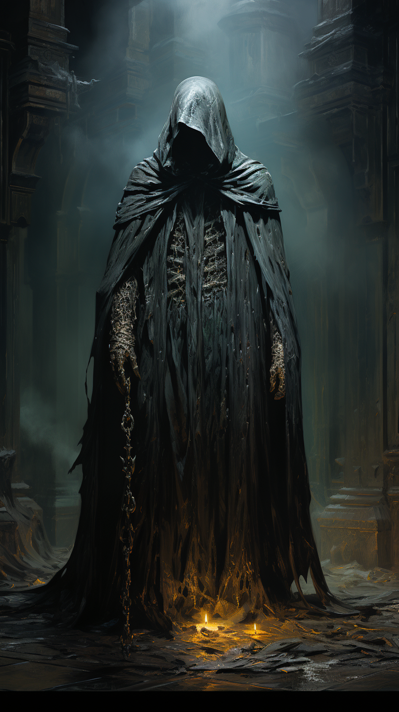 Creepy dark fantasy knight boss in wet dungeon