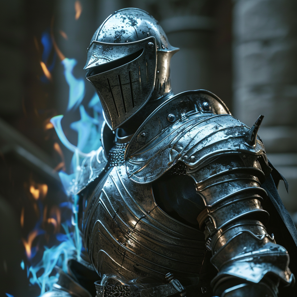 Spectral blue flames flow from Dark Souls knight armor