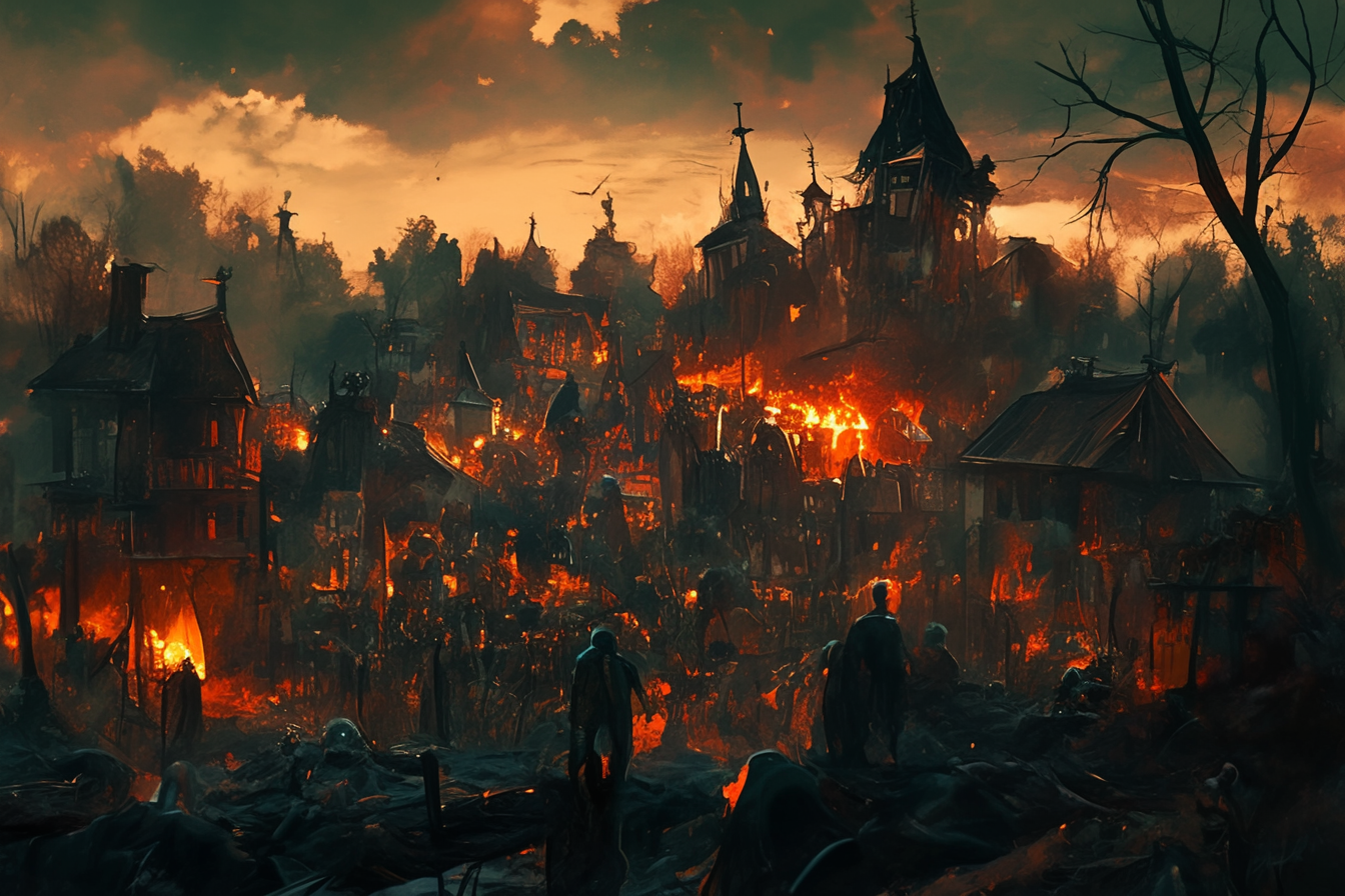 Dark town with dead bodies and fire