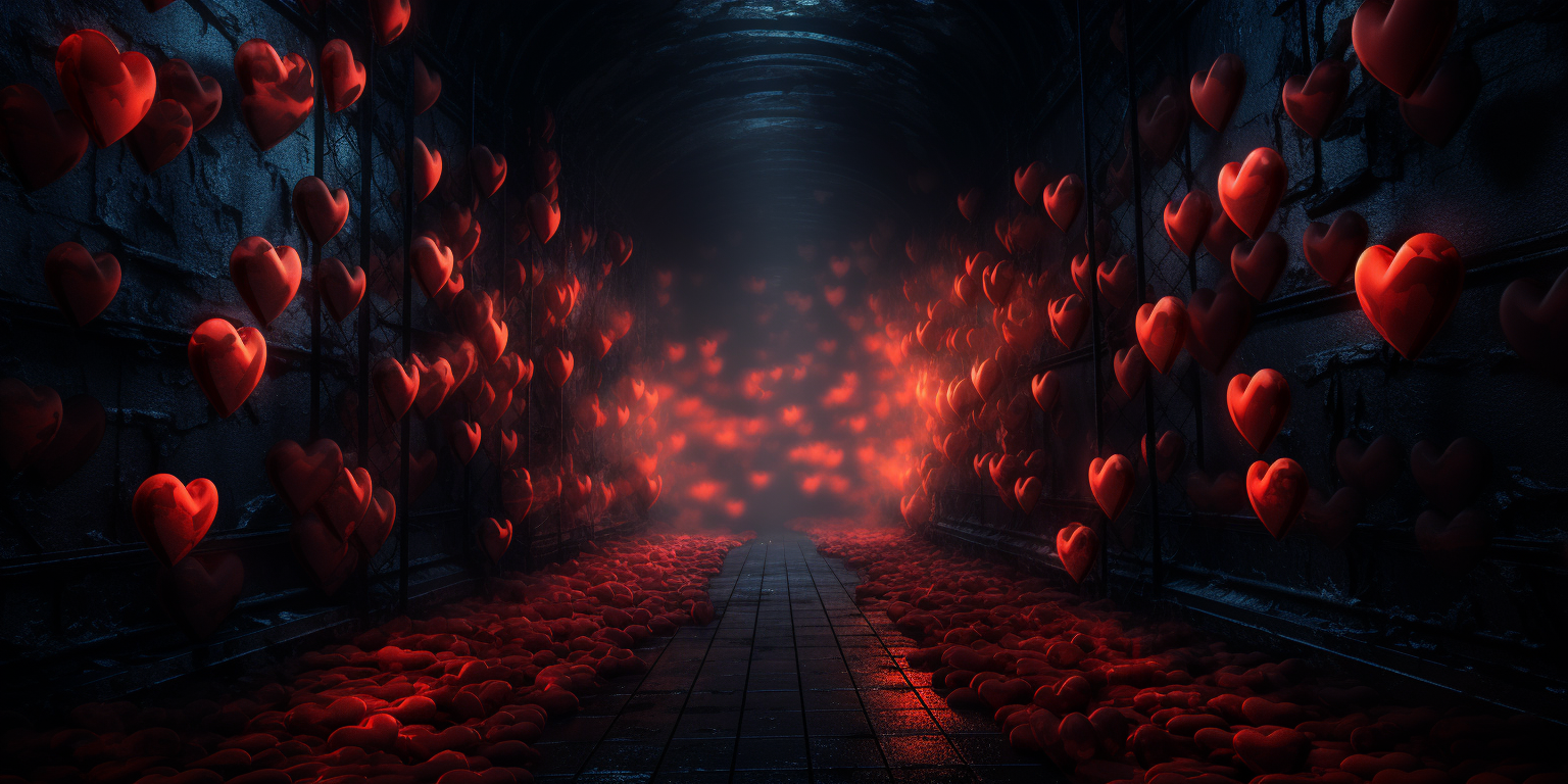 Bright red love hearts in dark tunnel