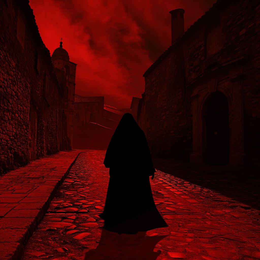 Dark Veiled Nun Walking Cobblestone City