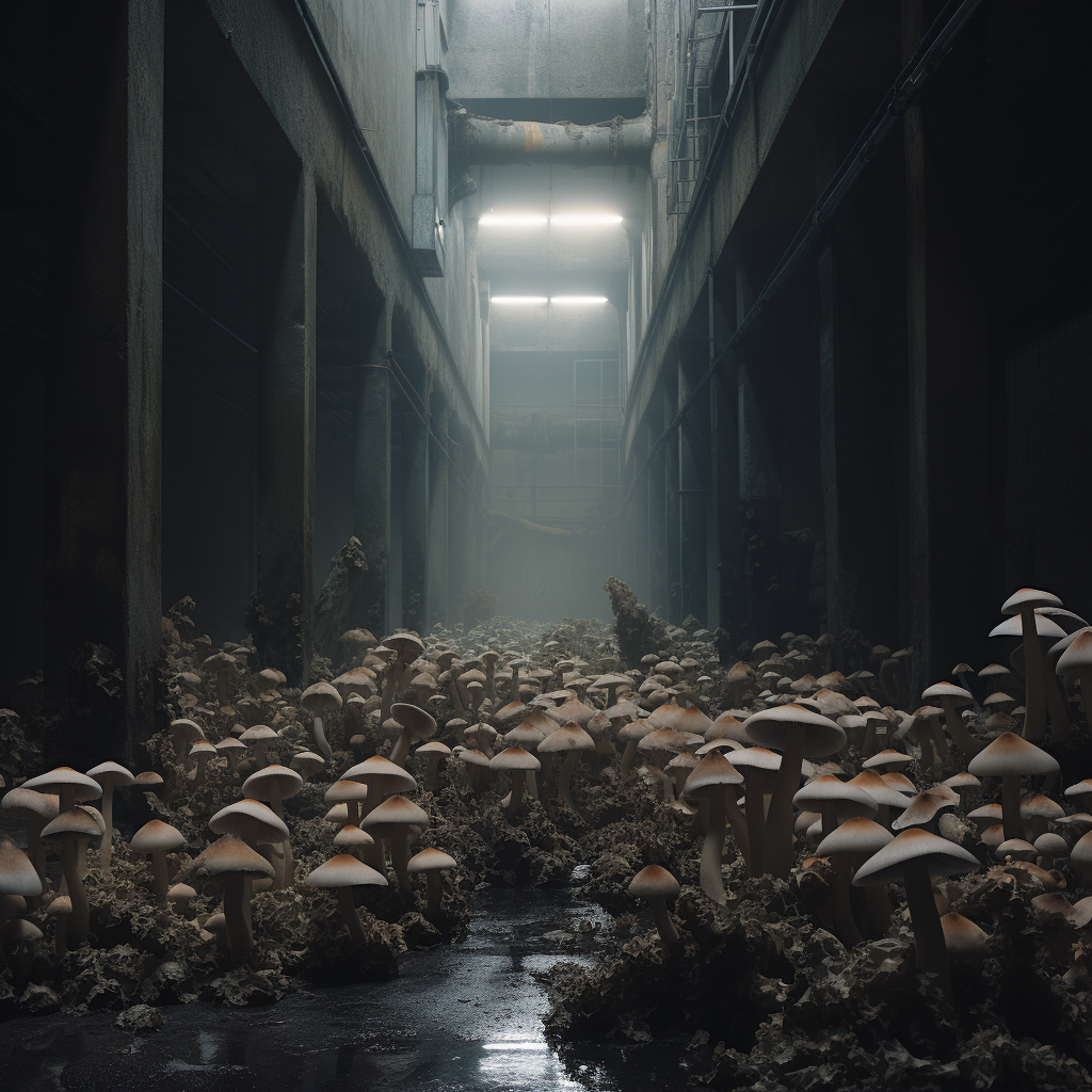 Mushrooms in dark warehouse