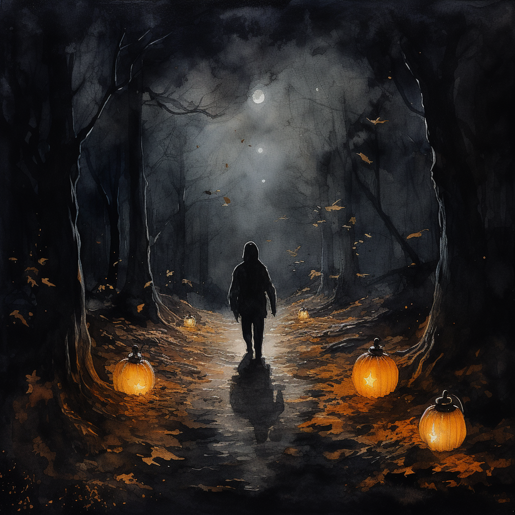 Man walking with jack o lantern at night