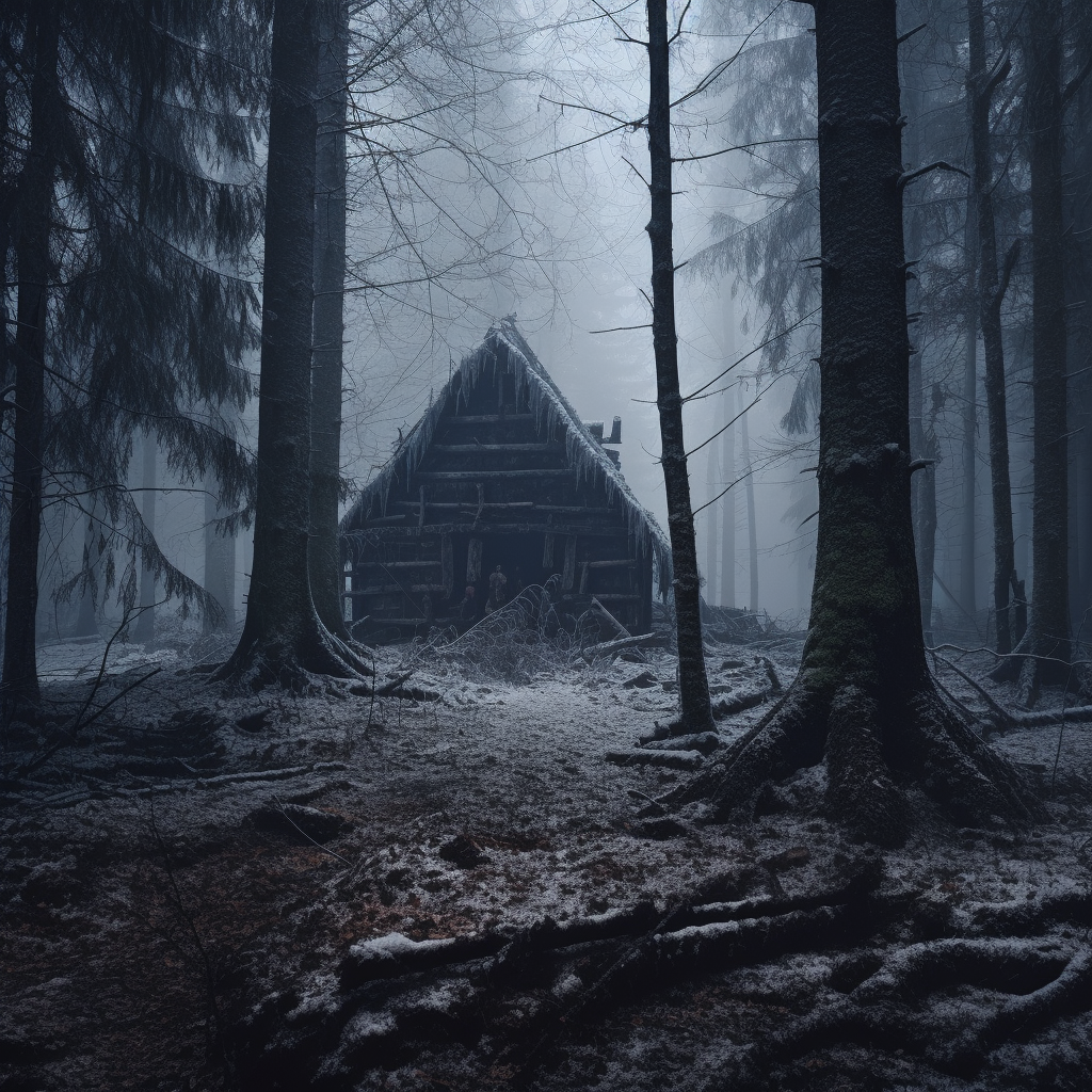 Hut surrounded by dark winter forest