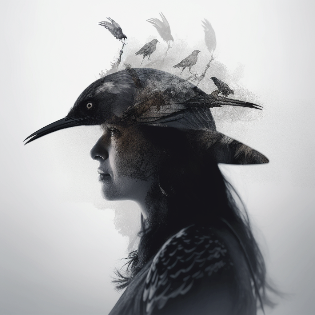 Double exposure of dark witch and crow