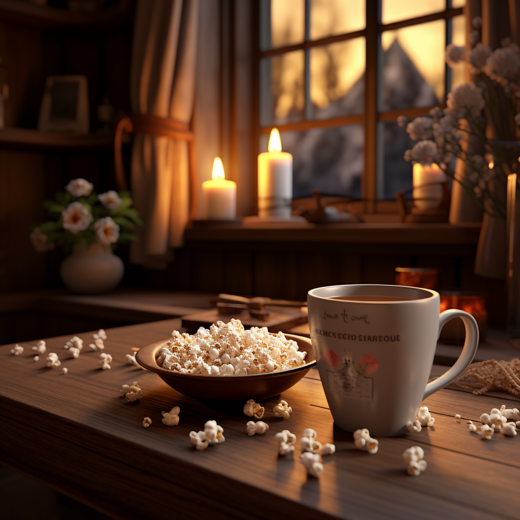 A cup of hot chocolate and scattered popcorn on a dark wood countertop