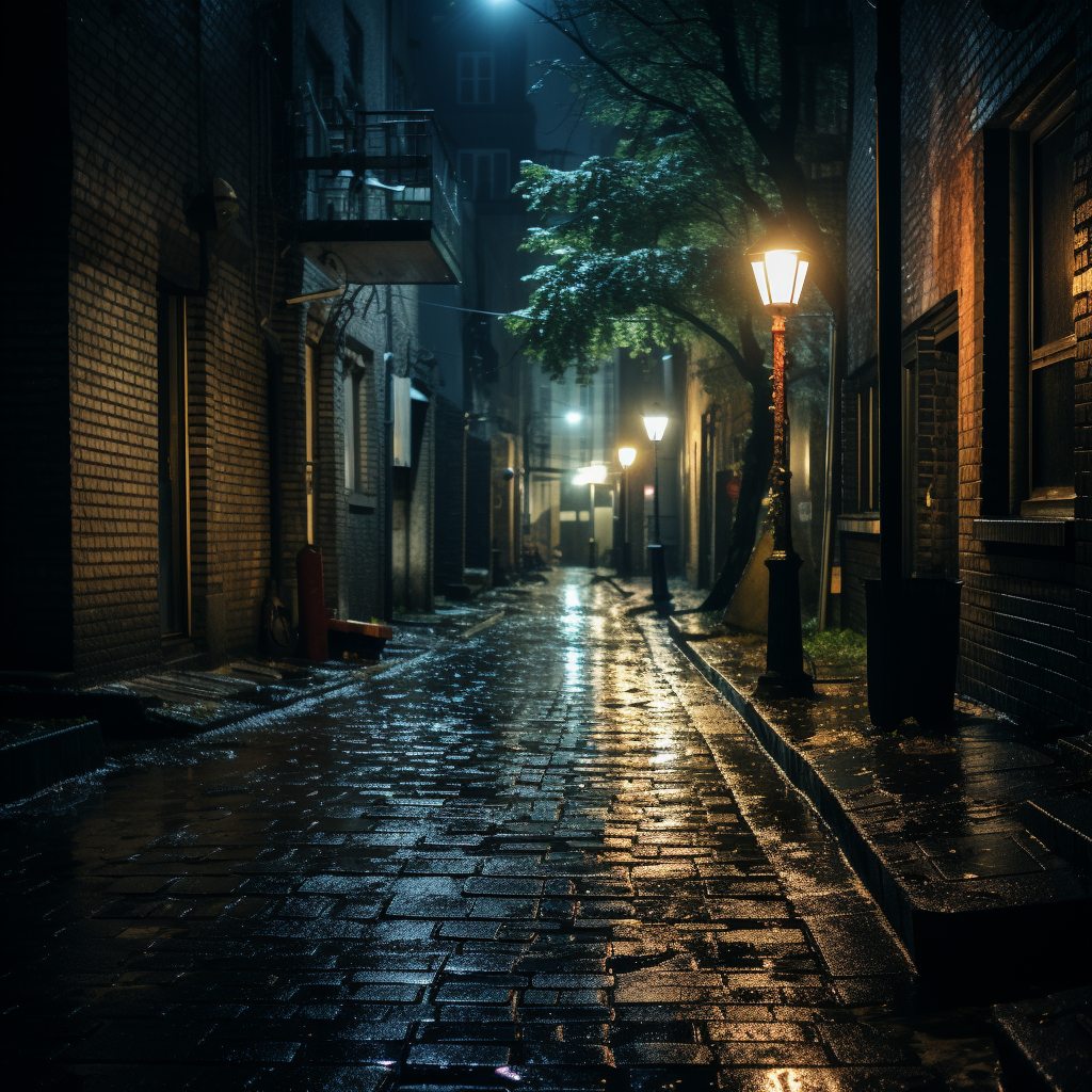 Dark alley with a streetlight in the rain