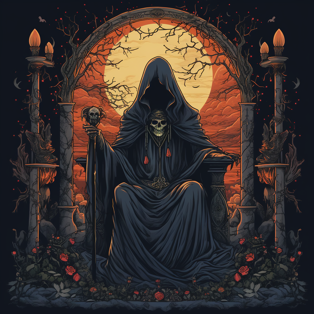 Dark Anime Death Hooded Man in Throne Tarot Card